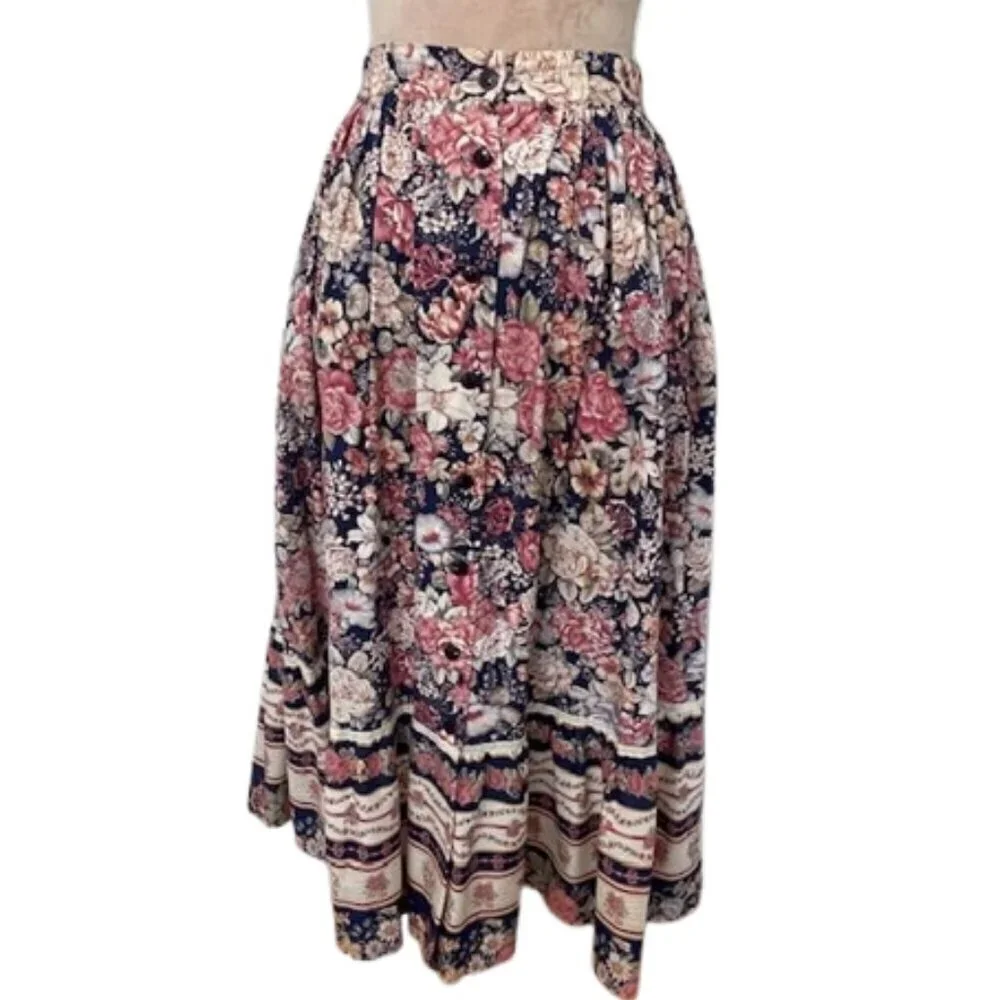 Vintage Prairie 1970's Cottagecore Floral Full Midi Skirt Medium